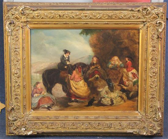 Victorian School Sailor entertaining gentleman and ladies beside the sea, 11.5 x 16in.